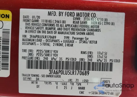 2020 Ford Fusion Se из США, поврежденный, VIN 3FA6P0LU5LR170689